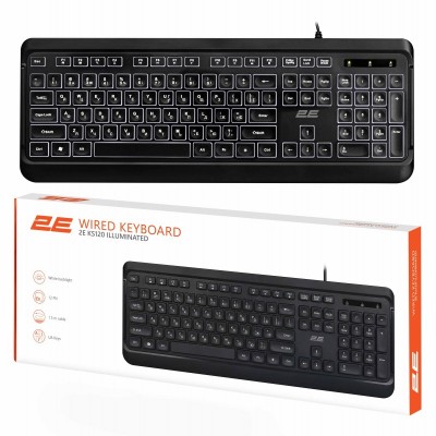 Клавіатура мембранна 2E KS120 104key, USB-A, EN/UK, White LED, чорний Клавіатура мембранна 2E KS120 104key, USB-A, EN/UK, White LED, чорний