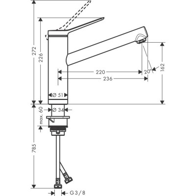 Змішувач для кухні Hansgrohe Zesis M33, довж.виливу - 220мм, поворотний, 1важіль, KM150TiltFunction, хром