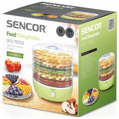 Сушарка для продуктів Sencor 250Вт, піддонів - 5x2.6см, діаметр - 23см, сітка для ягід, пластик, зелений
