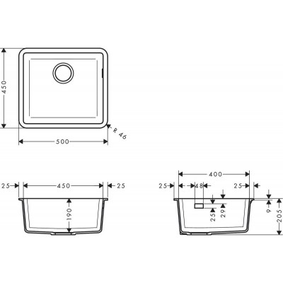 Мийка кухонна Hansgrohe S51, граніт, квадрат, без крила, 500х450х190мм, чаша - 1, врізна, S510-U450, сірий камінь