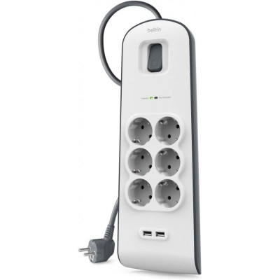 Подовжувач-фільтр мережевий Belkin 6хТип F, 3x1.5мм кв, 16А, 2xUSB-A 2.4A, з захистом від перенапруги, 2м, білий