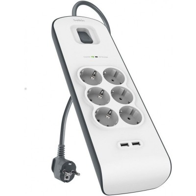 Подовжувач-фільтр мережевий Belkin 6хТип F, 3x1.5мм кв, 16А, 2xUSB-A 2.4A, з захистом від перенапруги, 2м, білий