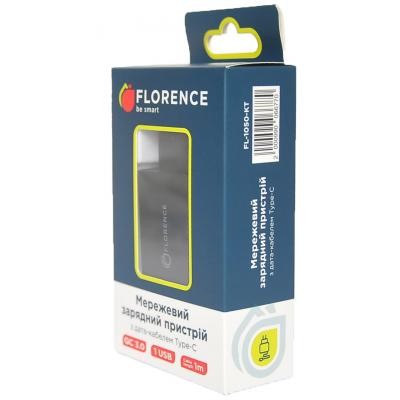 Зарядное устройство Florence 1USB QC 3.0 + Type-C cable Black (FL-1050-KT)