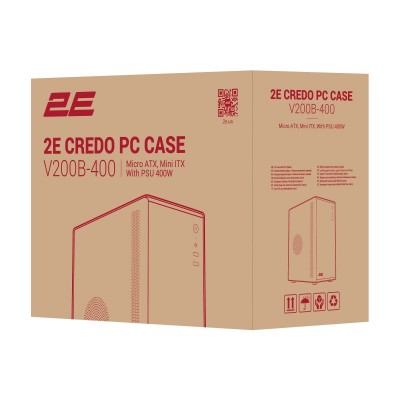 Корпус 2E Credo V200B-400 з БЖ 2E ATX400, 2xUSB3.0, 1x80мм, VGA 250мм, mATX, чорний