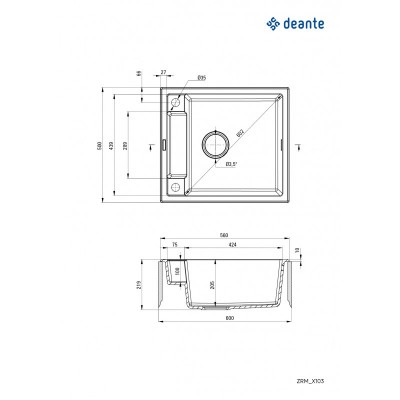 Мийка кухонна Deante Magnetic, граніт, квадрат, без крила, 560х500х219мм, чаша - 1, врізна, сірий