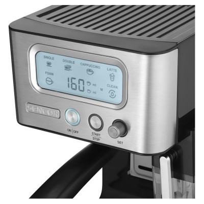 Кавоварка Sencor ріжкова 1.4л, мелена, автоматичний капучинатор, LCD-дисплей, нерж. сталь-чорний