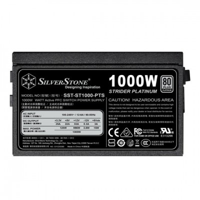 Блок живлення SilverStone STRIDER ST1000-PTS(1000W), 80+Platinum, aPFC, 12см, 24+2x8, 8xSATA, 8xPCIe, +6, модульний