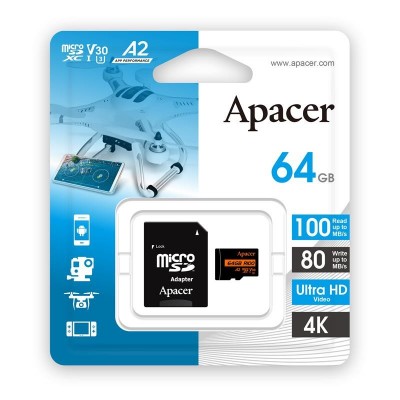 Карта пам'яті Apacer microSD 64GB C10 UHS-I U3 A2 R100/W80MB/s + SD