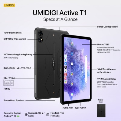 Планшет UMIDIGI Active T1 (MT09) 11&quot; 8ГБ, 128ГБ, LTE, 10000мА·год, Android, чорний