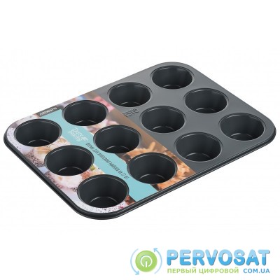Форма для випікання мафінів Ardesto Tasty baking на 12 шт. 35*26,5 см, сірий,голубий, вугл. сталь
