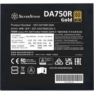 Блок живлення SilverStone Decathlon (750W), &gt;90%, 80+ Gold, 120мм, 1xMB, 24pin(20+4), 2xCPU 8pin(4+4), 4xMolex, 8xSATA, 4xPCIe 8pin(6+2), 1 x 12V-2x6, Fully modular