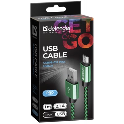 Дата кабель USB 2.0 AM to Micro 5P 1.0m USB08-03T green Defender (87804)