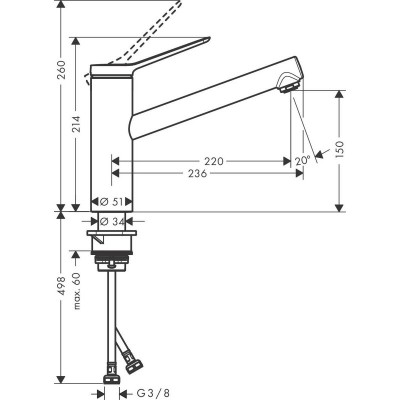 Змішувач для кухні Hansgrohe Zesis M33, довж.виливу - 220мм, поворотний, 1важіль, KM150, хром