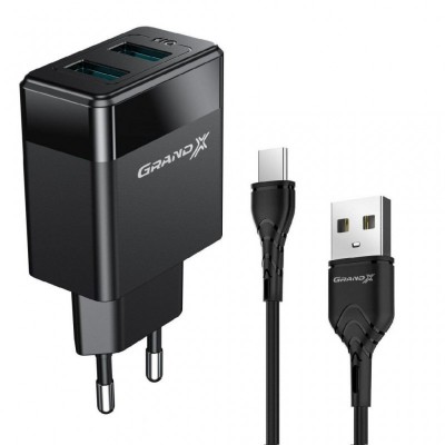 Зарядное устройство Grand-X 2USB 5V 2,4A + Type-C cable (CH-50T)