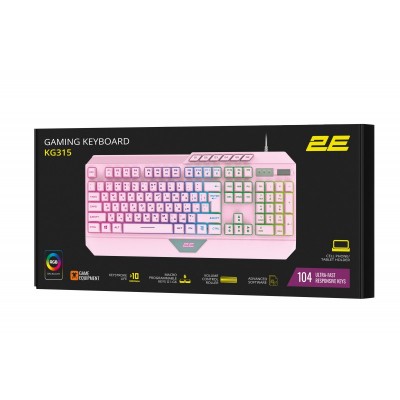 Клавіатура мембранна 2E GAMING KG315 110key, USB-A, EN/UA, RGB, рожевий