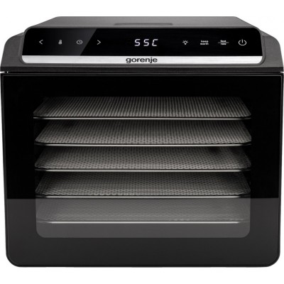 Сушарка для продуктів Gorenje 580Вт, піддонів - 6x1.5см, діаметр - 25см, макс - 75°С, дисплей, пластик+метал, чорний