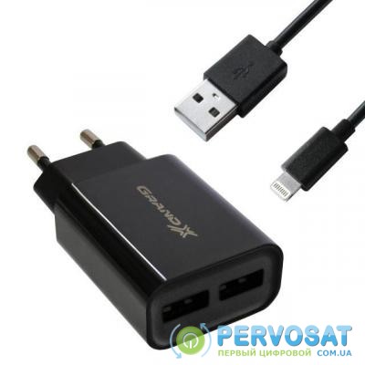 Зарядное устройство Grand-X 5V 2.4A 2xUSB + cable USB-Lightning (CH45LTB)