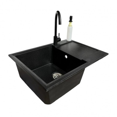 Набір кухонний Adamant Horizon Medium, штучний камінь, прямокут., з крилом, 700х500х230мм, чаша - 1, врізна, чорний + змішувач та дозатор