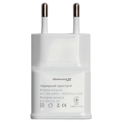 Зарядний пристрій Grand-X USB 5V 2,1A White + cable USB -> micro USB, Cu (CH-03UMW)
