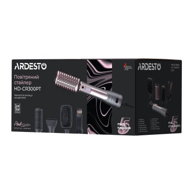 Фен-щітка Ardesto Brush Pink Touch, 1200Вт, 2 швидкості, 2 темп. режими, LED-дисплей, функція іонізації , 4 насадки, сірий+ рожевий