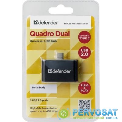 Концентратор Defender Quadro Dual USB3.1 TYPE C - USB2.0, 2 port (83207)