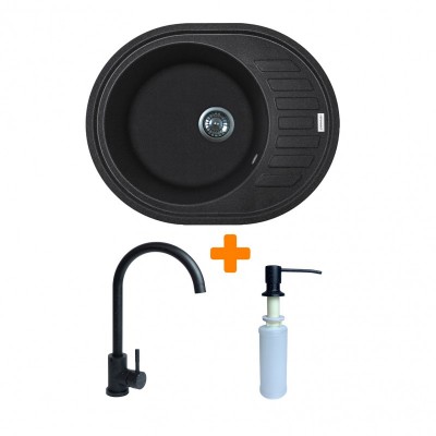 Набір кухонний Adamant Ovum, штучний камінь, овальна, з крилом, 615х495х200мм, чаша - 1, врізна, чорний + змішувач та дозатор