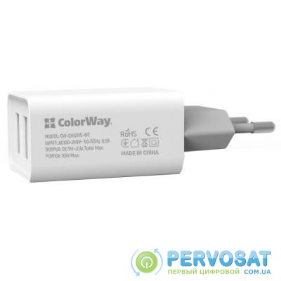 Зарядное устройство ColorWay 2USB AUTO ID 2.1A (10W) (CW-CHS015-WT)