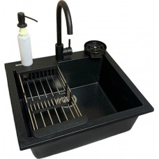 Набір кухонний Adamant Univer, штучний камінь, квадрат, без крила, 560х500х200мм, чаша - 1, врізна, чорний + змішувач + дозатор + ополіскувач склянок + коландер Набір кухонний Adamant Univer, штучний камінь, квадрат, без крила, 560х500х200мм, чаша - 1, врізна, чорний + змішувач + дозатор + ополіскувач склянок + коландер