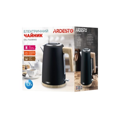 Електрочайник Ardesto EKL-F420BWD, 1.7л, метал, мат, Strix, чорний