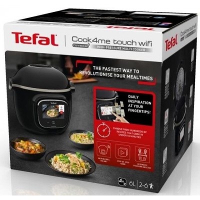 Мультиварка Tefal скороварка Cook4me Touch, 1600Вт, чаша-6л, сенсорне керування, 13 програм, управл. смартф., метал, пластик, чорний