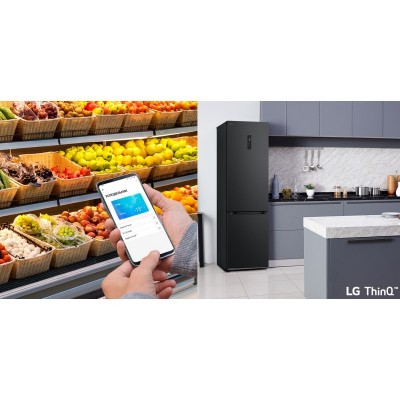 Холодильник LG з нижн. мороз., 203x60х68, холод.відд.-277л, мороз.відд.-107л, 2дв., А++, NF, інв., диспл зовн., Fresh Сonverter, Metal Fresh, чорний матовий