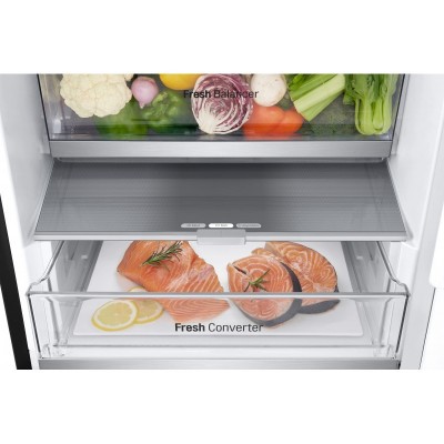 Холодильник LG з нижн. мороз., 203x60х68, холод.відд.-277л, мороз.відд.-107л, 2дв., А++, NF, інв., диспл зовн., Fresh Сonverter, Metal Fresh, чорний матовий