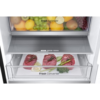 Холодильник LG з нижн. мороз., 203x60х68, холод.відд.-277л, мороз.відд.-107л, 2дв., А++, NF, інв., диспл зовн., Fresh Сonverter, Metal Fresh, чорний матовий