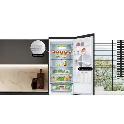 Холодильник LG з нижн. мороз., 203x60х68, холод.відд.-277л, мороз.відд.-107л, 2дв., А++, NF, інв., диспл зовн., Fresh Сonverter, Metal Fresh, чорний матовий