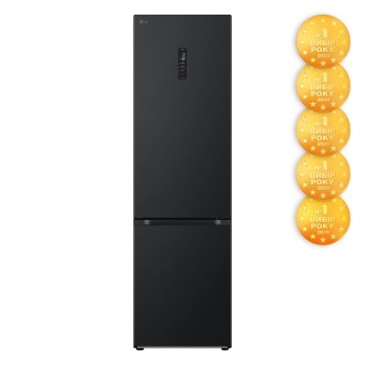 Холодильник LG з нижн. мороз., 203x60х68, холод.відд.-277л, мороз.відд.-107л, 2дв., А++, NF, інв., диспл зовн., Fresh Сonverter, Metal Fresh, чорний матовий