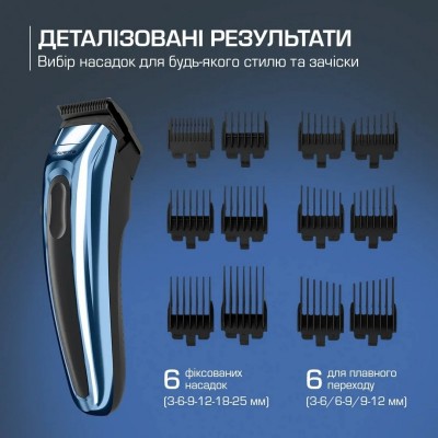 Машинка для стрижки Rowenta Barber Experience, для голови, мережа+акум., роторний мотор DC, насадок-12, нержавіюча сталь з покриттям DLC, синій