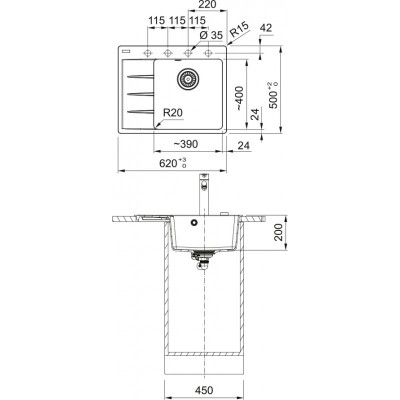 Мийка кухонна Franke Centro, фраграніт, прямокутник, з крилом, 620х500х200мм, чаша - 1, врізна, CNG 611-62 TL, сірий камінь