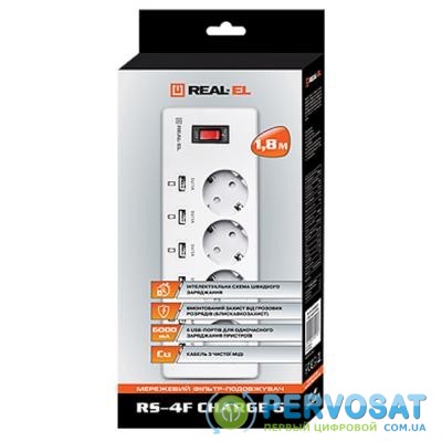 Сетевой фильтр питания REAL-EL RS-4F CHARGE 6, 1.8m, white (EL122300014)