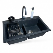 Набір кухонний Adamant Similar, штучний камінь, прямокут., без крила, 885x505x230мм, чаша - 2, врізна, графіт + змішувач + дозатор + ополіскувач склянок + коландер