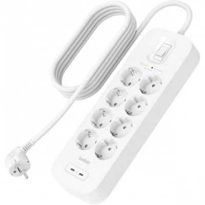 Подовжувач мережевий Belkin 2м, 8хТип, 16А, USB-С/USB-C 30Вт, фільтр, білий