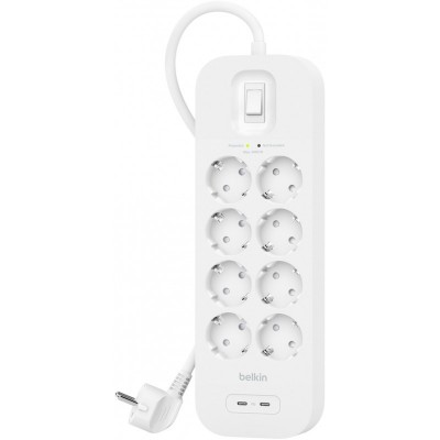 Подовжувач мережевий Belkin 2м, 8хТип, 16А, USB-С/USB-C 30Вт, фільтр, білий