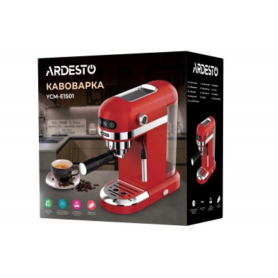 Кавоварка Ardesto  ріжкова YCM-E1501, 1,4л, мелена, ручний капуч, підігрів чашок, червоний