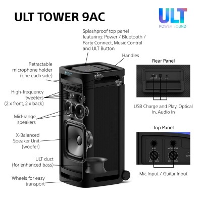 Акустична система Sony ULT TOWER 9AC 2.0, BT 5.3, LED, Party Connect, SBC, AAC, LDAC Акустична система Sony ULT TOWER 9AC 2.0, BT 5.3, LED, Party Connect, SBC, AAC, LDAC