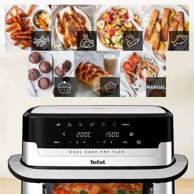 Мультипіч Tefal Dual Easy Fry Flex, 2700Вт, чаша-5.5+3.5л, сенсорне керув., з віконцем, 2 чаши, гриль, пластик, чорний-нерж. сталь Мультипіч Tefal Dual Easy Fry Flex, 2700Вт, чаша-5.5+3.5л, сенсорне керув., з віконцем, 2 чаши, гриль, пластик, чорний-нерж. сталь