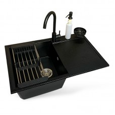 Набір кухонний Adamant Horizon, штучний камінь, прямокут., з крилом, 780х495х230мм, чаша - 1, врізна, чорний + змішувач + дозатор + ополіскувач склянок + коландер