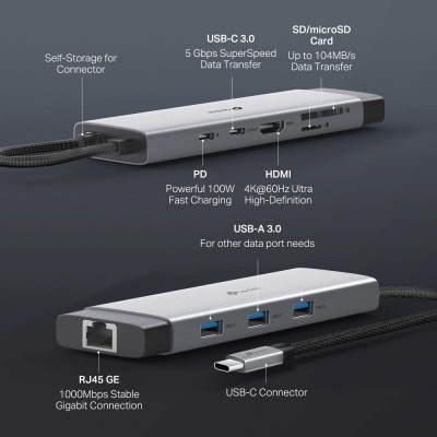 Хаб USB TP-LINK UH9120C USB-C > 3xUSB3.0/1xUSB-C/xHDMI/1xRJ45/1xSD/1xmicroSD/1xPD 100Wh