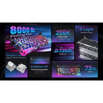 Клавіатура механічна GravaStar Mercury V75 Pro 80keys, Magnetic Jade Gaming, 8K, USB-A, RGB, Neon Graffiti