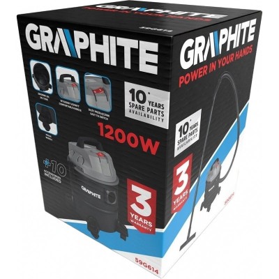 Пилосос професійний GRAPHITE, 1200Вт, 18кПа, контейнер 20л, розетка 220В/1200В, колеса