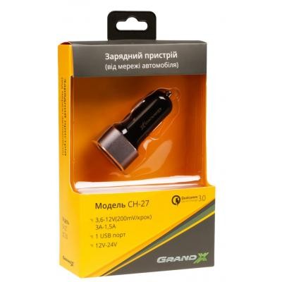 Зарядний пристрій Grand-X 12-24V, Quick Charge QС3.0, + cable USB -> Type C, Cu, 3A, 1 (CH-27TC)
