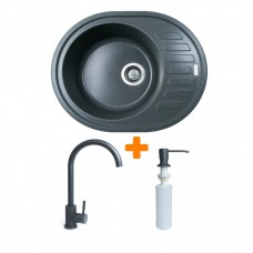 Набір кухонний Adamant Ovum, штучний камінь, овальна, з крилом, 615х495х200мм, чаша - 1, врізна, графіт + змішувач та дозатор